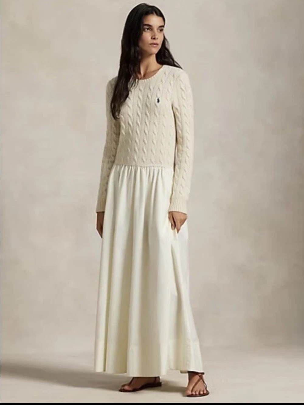 Polo by Ralph Lauren Ivory Cable Knit Crewneck Long Sleeve Poplin Midi Dress Med